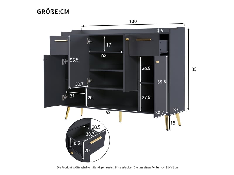  Meuble à chaussures avec 2 tiroirs, 4 portes et niche ouverte, pieds hauts, pour entrée, noir, 130 × 37 × 100 cm  - Conforama D