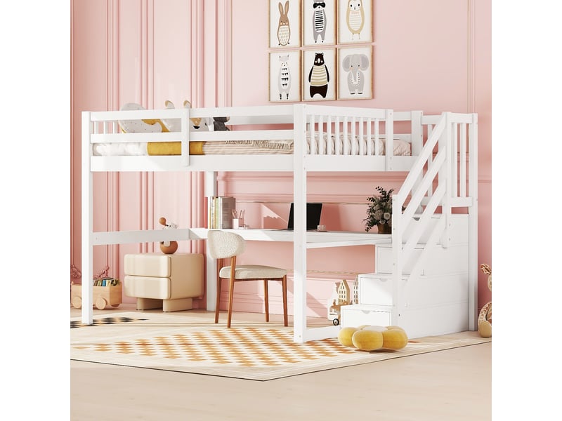  Lit mezzanine 140 x 200 cm, lit enfant surélevé, tiroirs de rangement, bureau intégré, étagères ouvertes, échelle, bois massif, blanc Morn Vibe - Conforama B