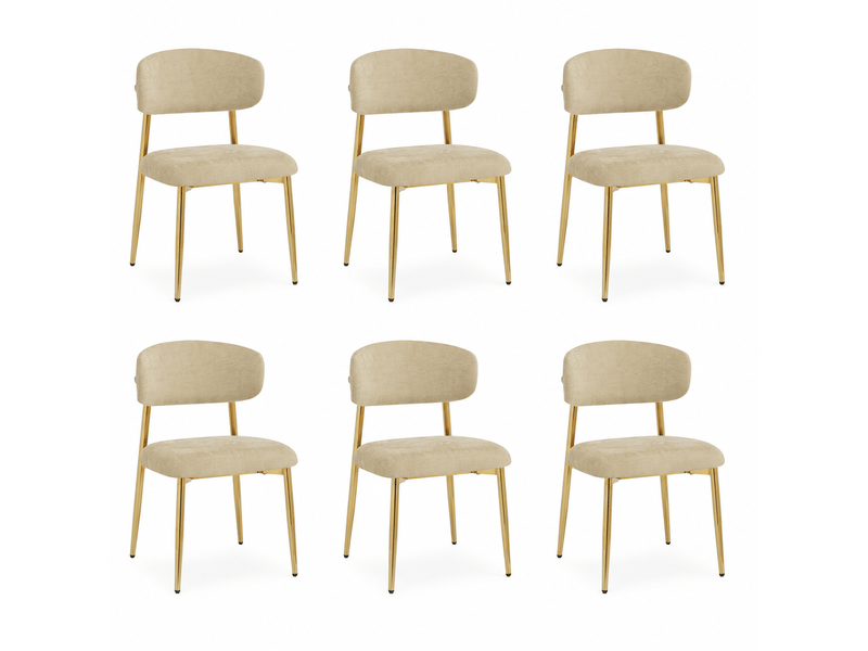 Lot de 6 chaises de salle à manger rembourrées marron, dossier incurvé, pieds en métal doré, patins réglables, charge 125 kg, design moderne - Conforama A