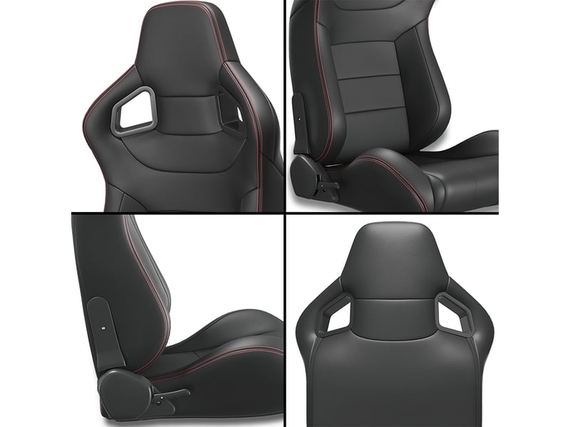  Sièges baquets universels inclinables en pvc noir avec surpiqûres rouges, lot de 2, rails de réglage inclus  - Conforama D