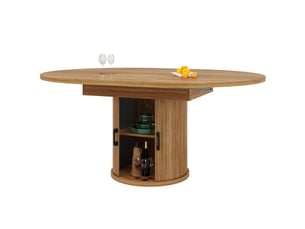Table à manger extensible ovale 118-158x118x76.8 cm, 4 à 6 personnes, 2 portes coulissante incurvée, rangement à 2 niveaux, marron