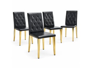 Lot de 4 chaises de salle à manger à dossier matelassé, métal doré et similicuir noir