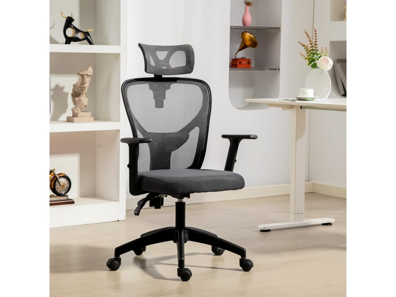  Chaise de bureau ergonomique et réglable avec soutien lombaire et appui-tête, 66 x 61 x 106-116 cm, grise  - Conforama D