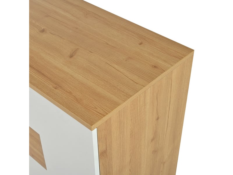Buffet moderne, meuble de rangement, armoire avec 2 portes, 4 tiroirs et étagère en verre, aspect bois, pour cuisine, salle à manger et salon - Conforama E