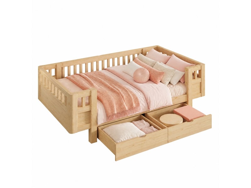  Lit enfant avec tiroirs modenvie 90 x 200 cm, barrière de sécurité, bois et mdf, coloris bois  - Conforama A