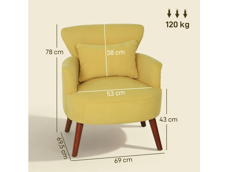  Fauteuil d'appoint moderne 69 x 69,5 x 78 cm, avec coussin lombaire lavable, tissu jaune, pieds en bois  - Conforama C