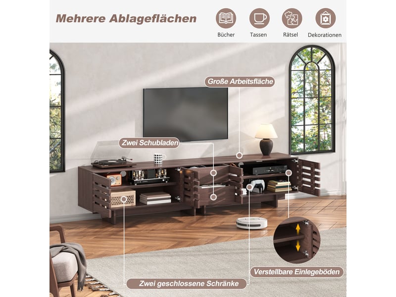 Meuble tv 200 cm avec rangement, 4 portes et 2 tiroirs, design noyer à lamelles pour salon moderne - Conforama D