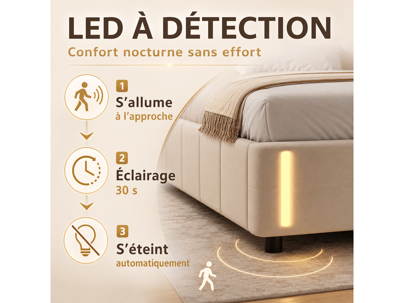 Lit 2 personne 140x190 cm avec éclairage led - lit coffre double avec rangement hydraulique - lit adulte capitonne avec sommier - tête de lit rembourré en velours, 2 places, beige - fonctionnel - sans matelas - chambre adultead… - Conforama R