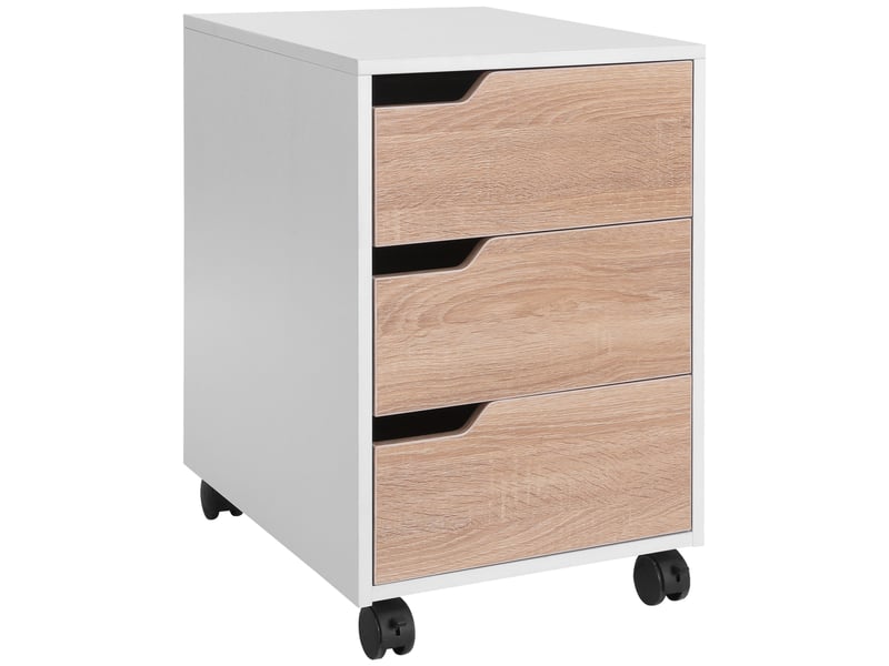  Caisson de bureau à roulettes, classeur à 3 tiroirs, meuble de rangement pour bureauétude, 40 x 50 x 57,5 cm, chêne et blanc  - Conforama A