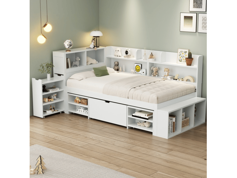  Lit enfant multifonction 90x200 cm avec tiroirs et rangements bois blanc sans matelas  - Conforama C