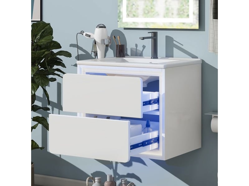  Armoire de salle de bain - éclairage led - 2 tiroirs - lavabo intégré - blanc 60x46x50cm - Conforama D