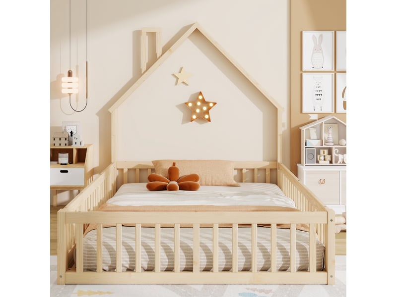  Lit enfant cabane 140 x 200 cm naturel en bois de pin et mdf avec sommier à lattes  - Conforama D