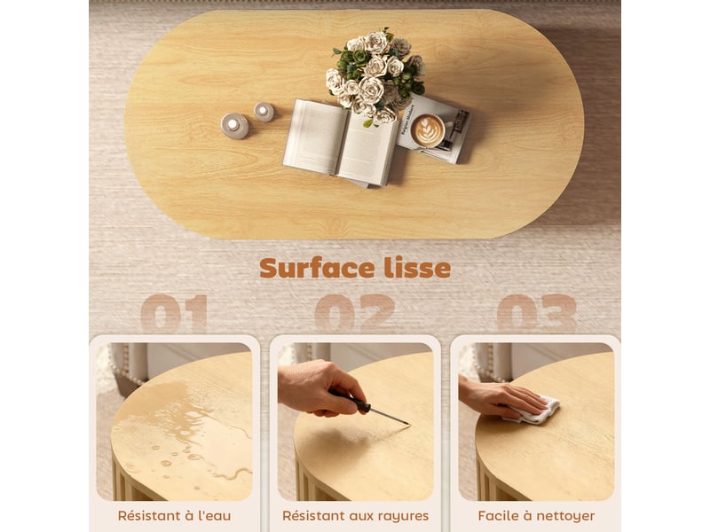  Table basse ovale, table de salon avec rangement, coins arrondis, design lattes, 100 x 50 x 40 cm, effet bois naturel  - Conforama R