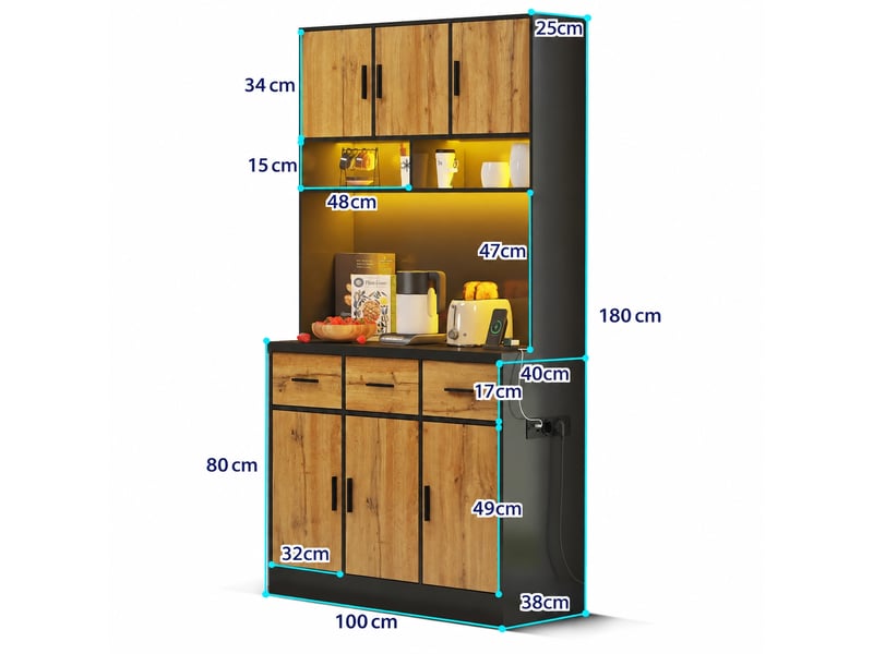  Buffet de cuisine avec éclairage led multicolore contrôlé par application, 100 x 40 x 180, noir et bois naturel  - Conforama D