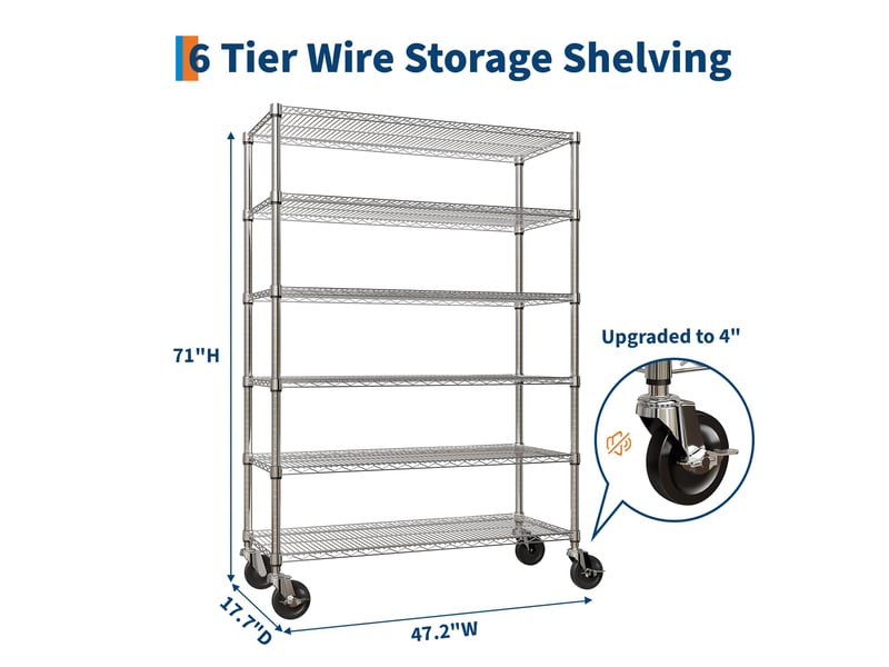  Rayonnage métallique étagère chromée ultra-résistante 6 niveaux, 4 roulettes, 119x46x180cm, cuisine garage cellier bureau pro PHK_3AFQRKLW - Conforama E