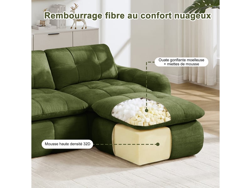 Canapé 4 places, revêtement en tissu chenille, sans assemblage, vert - Conforama E