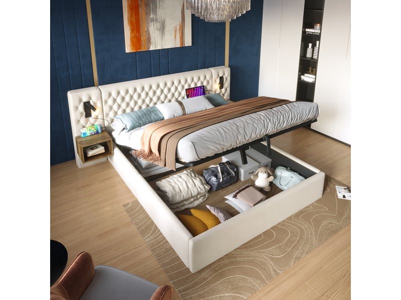  Lit coffre 180 × 200 cm avec 2 tables de chevet, lampe de lecture, usb et type-c, sans matelas, beige  - Conforama B