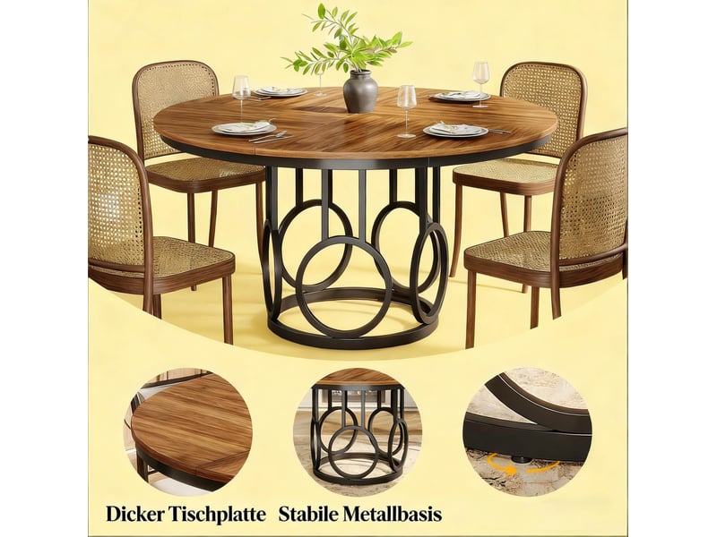  Table de salle à manger ronde 120x120x75 cm marron foncé et noir, plateau mdf, pour 4 à 6 personnes  - Conforama E