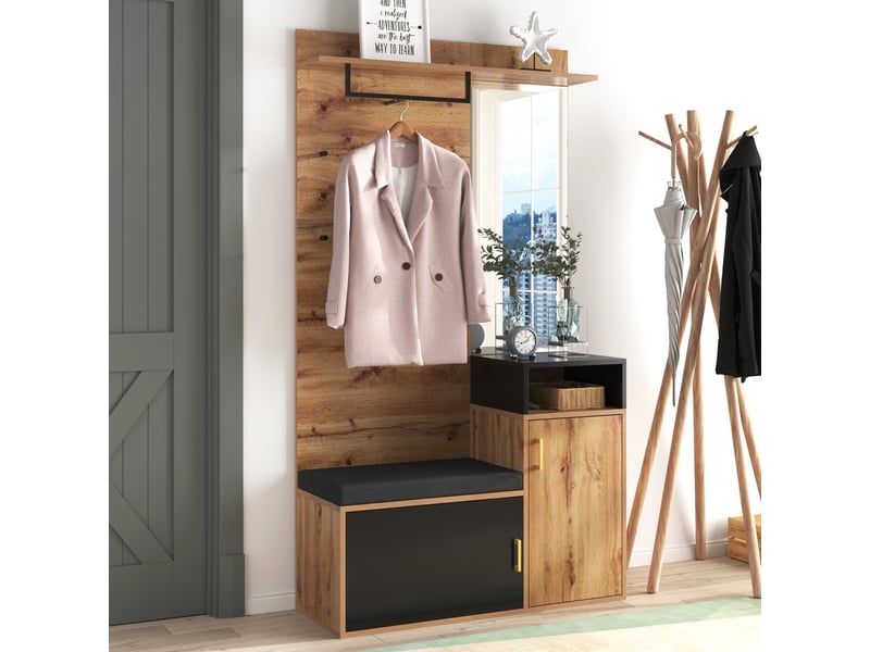  Armoire pour entrée avec miroir - banc et patère - armoire à chaussures - mdf et panneaux de particules - 105 x 38,5 x 190,5 cm - naturel  - Conforama E