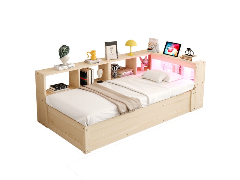  Lit banquette 90x200 cm multifonction en bois massif avec prise européenne, rangements multiples, led multicolore et coffre hydraulique, naturel  - Conforama A