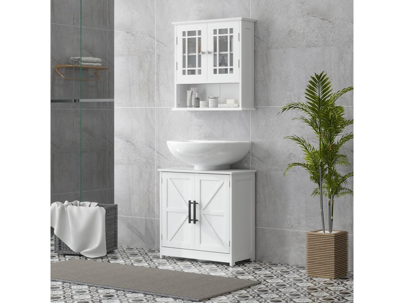  Meuble sous lavabo, meuble de salle de bain avec 2 portes magnétiques style grange et étagères, 60 x 30 x 60 cm, blanc  - Conforama B