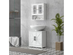 Meuble sous lavabo, meuble de salle de bain avec 2 portes magnétiques style grange et étagères, 60 x 30 x 60 cm, blanc