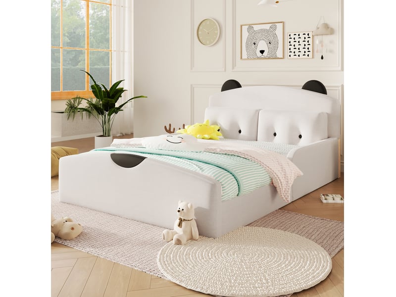  Lit 2 places modenvie 140 x 200 cm en lin blanc, tête de lit en forme d'ours, avec 2 coussins décoratifs  - Conforama E