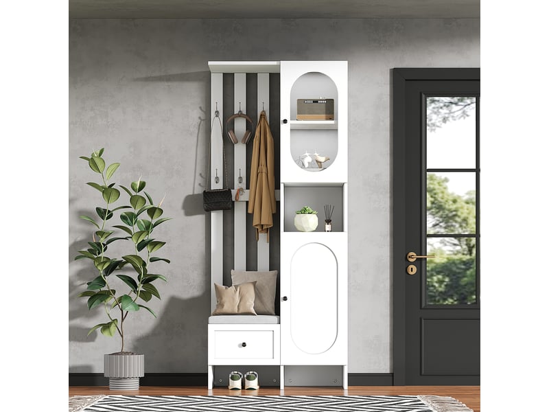  Ensemble de vestiaire 85x33,5x200 cm blanc avec banc à chaussures, 2 armoires et portes en verre trempé  - Conforama B