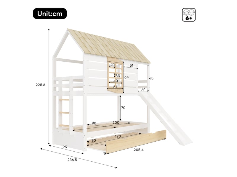  Lit superposé 90x200 cm avec toboggan et lit gigogne, maison, en bois, blanc et naturel  - Conforama C