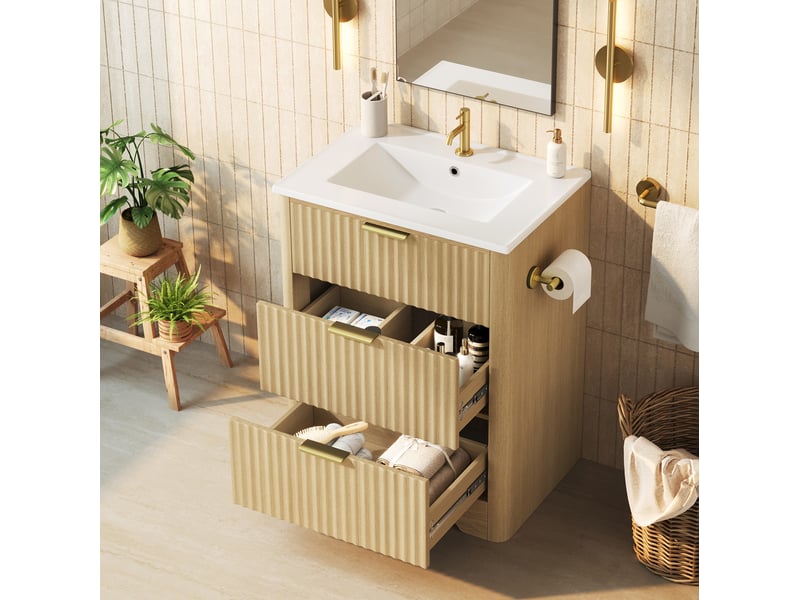  Meuble vasque 61x47x82 cm avec lavabo céramique, 2 tiroirs et porte-papier  - Conforama D