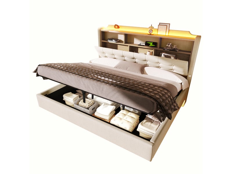 Lit capitonné, 180 × 200 cm, avec bande lumineuse led, rangement hydraulique, compartiments de rangement, design suspendu, matelas non inclus, ports usb et type-c, revêtement en lin, beige - Conforama A