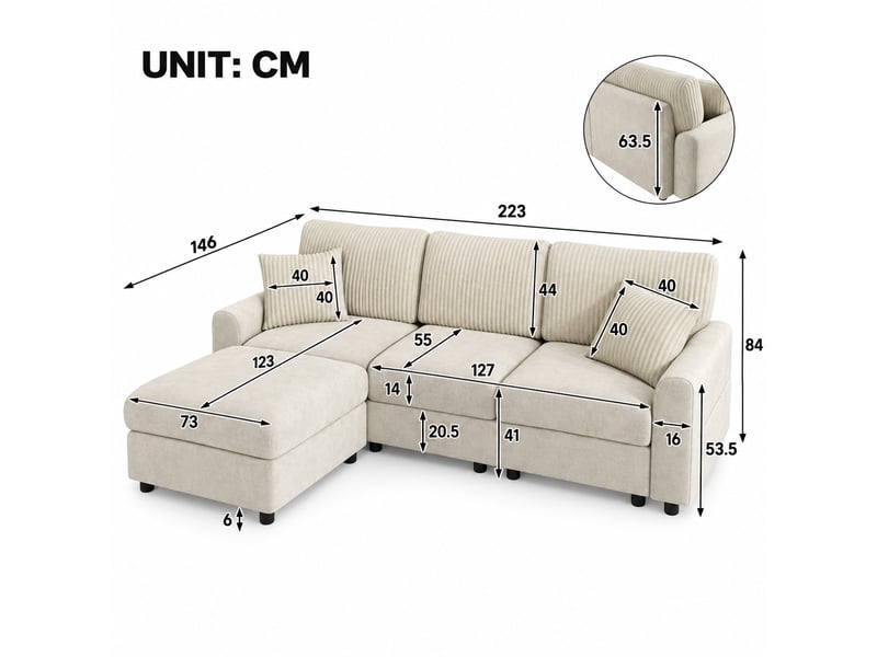  Canapé beige en chenille et velours côtelé avec pouf mobile, 2 coussins, port usb et usb-c, 223 cm  - Conforama C