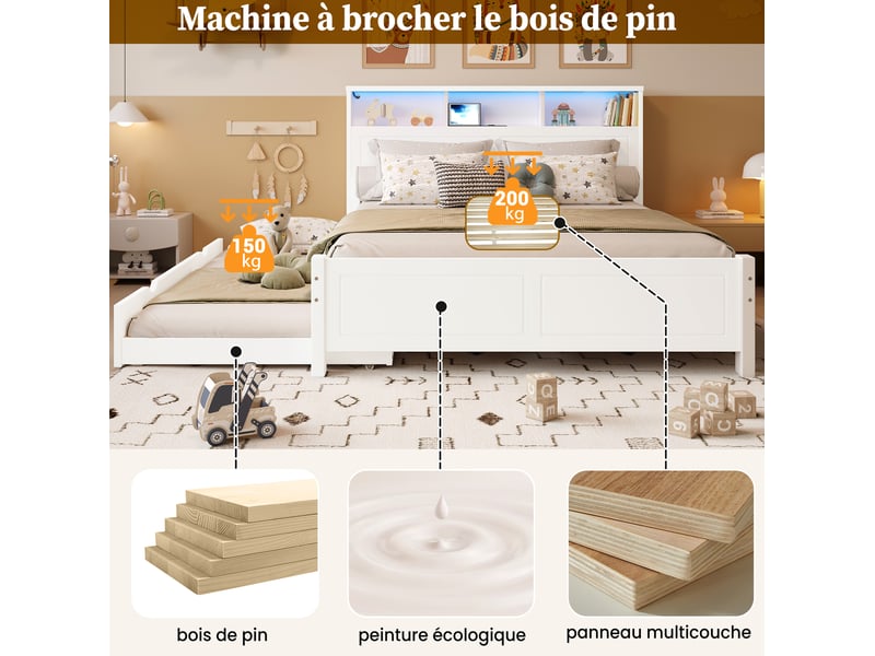  Lit 2 places 120x200 cm – blanc – lit gigogne 90x190 cm, led, prise intégrée et rangement  - Conforama E