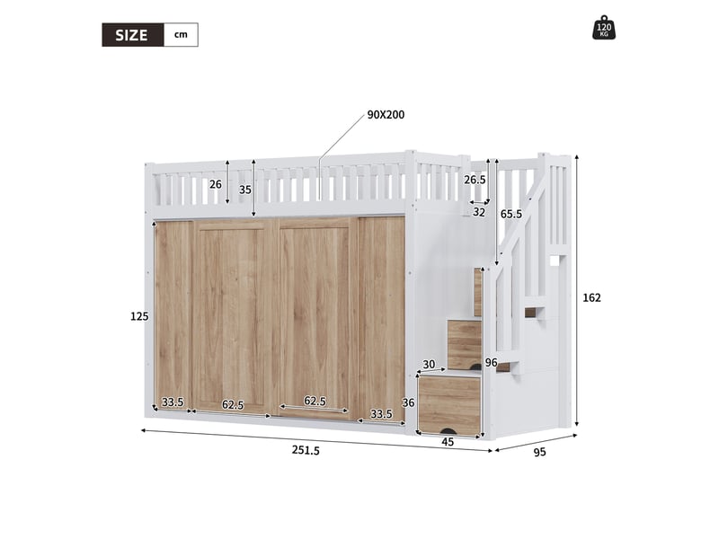  Lit mezzanine enfant 90x200 cm avec armoire et escalier, bois et mdf, blanc et décor chêne sans matelas  - Conforama C