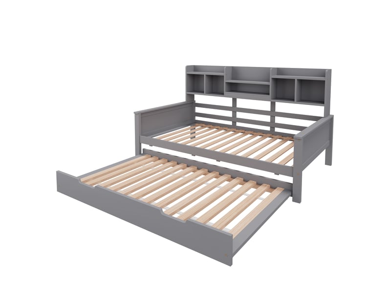 Lit d'appoint en pin gris 90x200 cm, couchage 90x190 cm, compartiments et sommier à lattes  - Conforama A