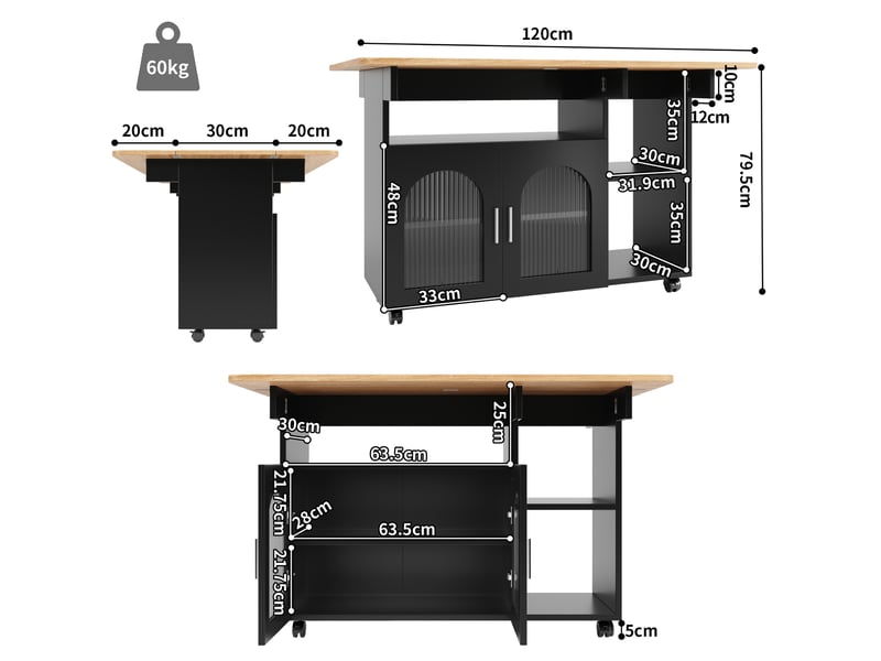  Îlot de cuisine noir avec table pliante intégrée, chariot sur roulettes, longueur 120 cm, mdf et métal  - Conforama R