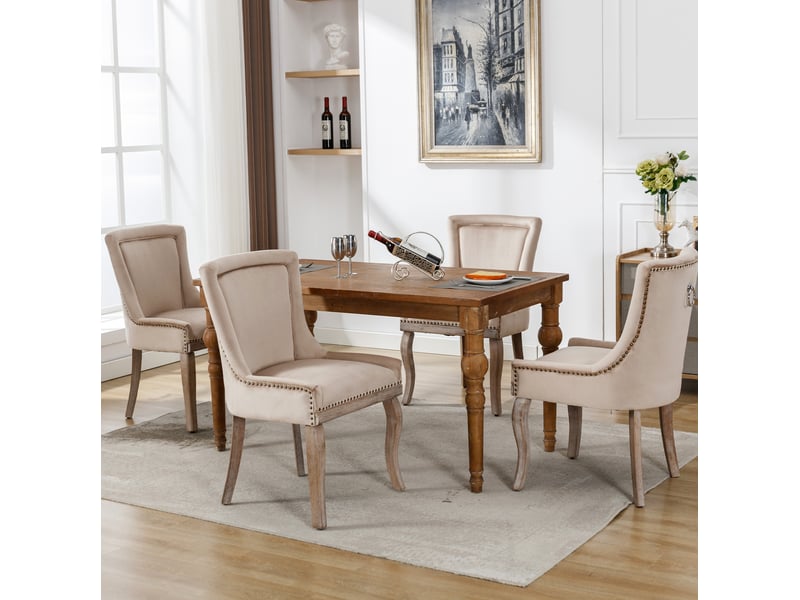  Chaise de salle à manger lot de 4 avec dossier rembourré et clous décoratifs, en velours beige et bois  - Conforama B