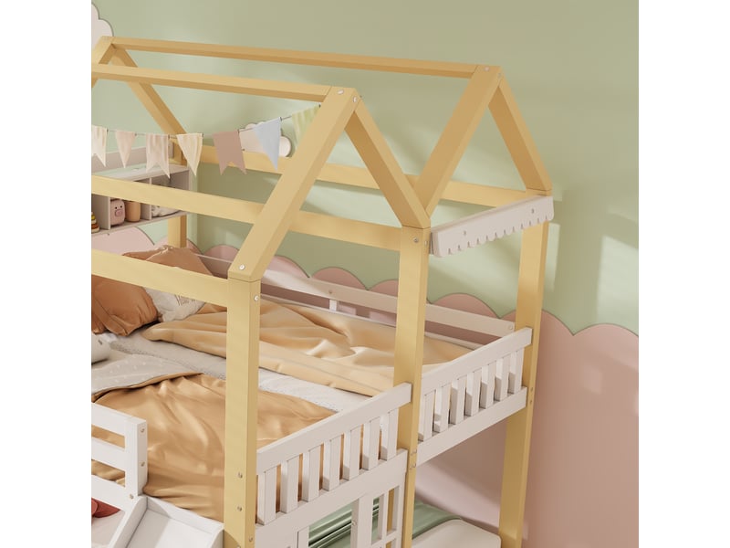  Lit mezzanine enfant avec toboggan, lit cabane enfant 90x200 cm blanc et bois naturel, échelle réversible  - Conforama R