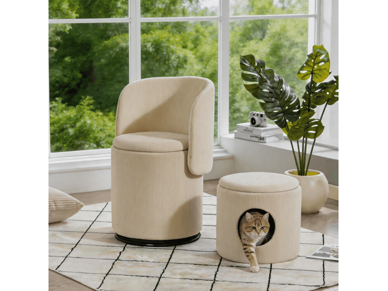  Fauteuil pivotant 360° avec rangement, assise rembourrée et pouf en velours côtelé beige 53 × 50 × 47 cm  - Conforama C