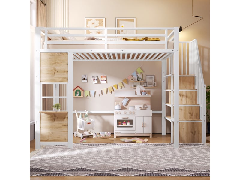  Lit mezzanine, 140 x 200 cm, structure en fer, échelle de rangement, espace de rangement ouvert sous le lit, fenêtre, barrière de sécurité, matelas non inclus, blanc  - Conforama B