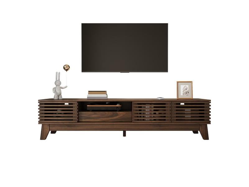  Meuble tv noyer 170x35x40cm rangement tiroirs portes brillant mdf salon rangement pratique confort et fonctionnalité usage quotidien  - Conforama A