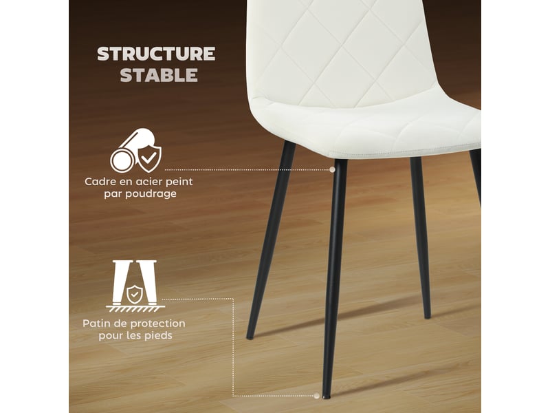  Lot de 4 chaises de salle à manger rembourrées avec dossier haut, pieds en acier et tissu effet velours, crème  - Conforama E