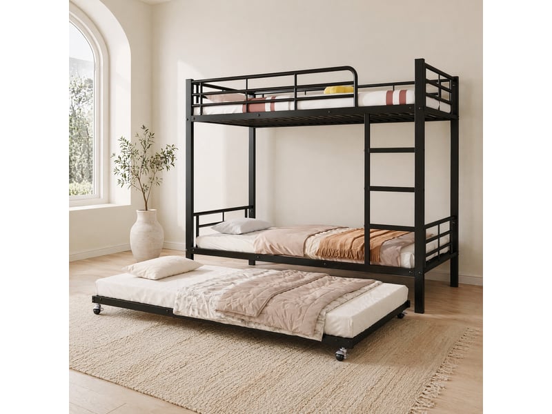 Lit superposé en métal noir pour enfants, 90x200 cm avec lit gigogne 90x190 cm - Conforama B