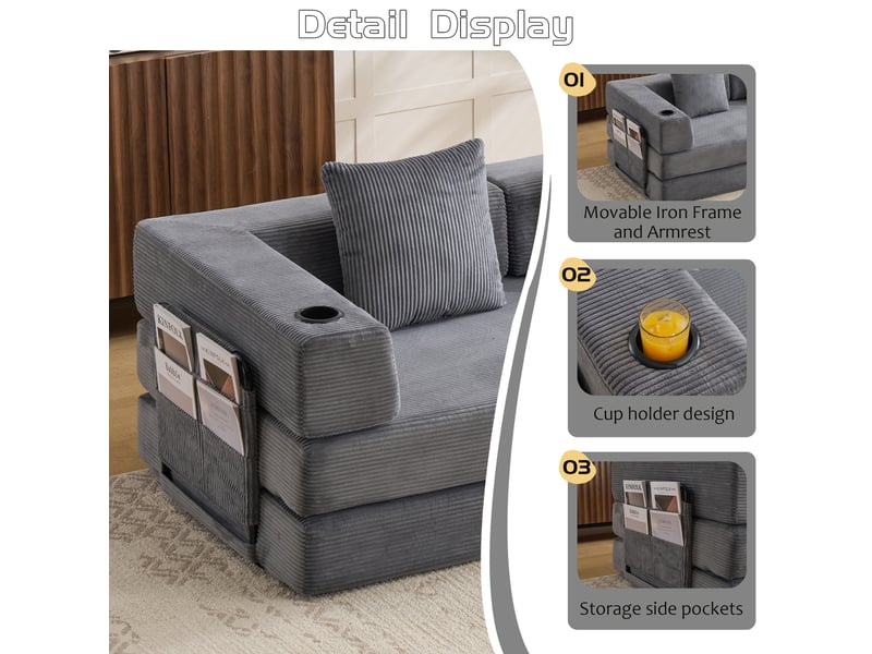 Canapé convertible, canapé-lit, en velours tricoté, gris foncé, poches latérales, porte-gobelets, chambre, pour salon - Conforama E
