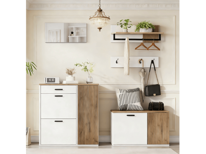  Meuble d'entrée 5 pièces avec 2 meubles à chaussures, miroir, étagère murale et 4 crochets pour entrée blanc chêne  - Conforama B