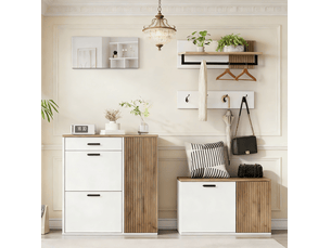 Meuble d'entrée 5 pièces avec 2 meubles à chaussures, miroir, étagère murale et 4 crochets pour entrée blanc chêne