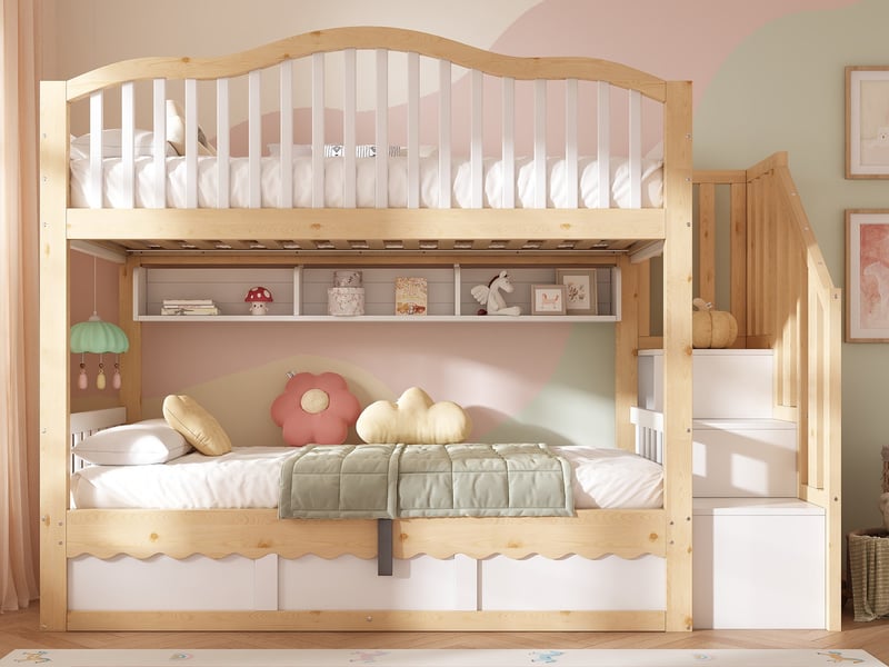  Lit mezzanine,90x200 cm,avec bureau tiroirs escalier led，MDF pin,blanc  - Conforama B