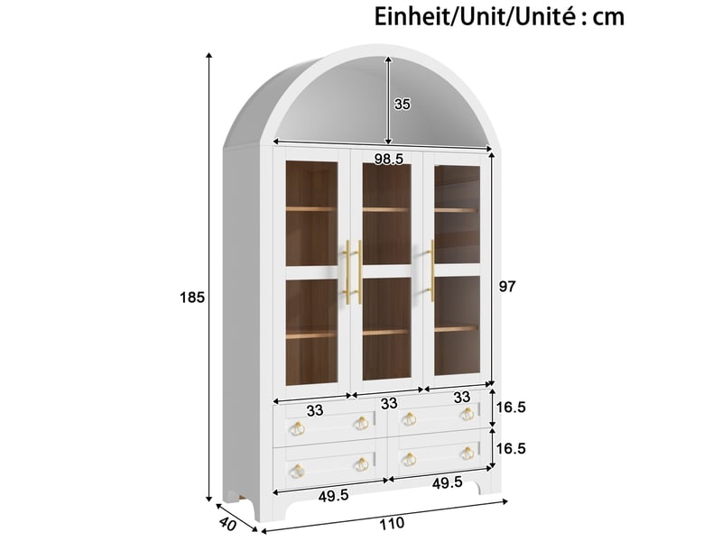  Buffet haut blanc, 3 portes vitrées, 4 tiroirs, niche ouverte en arche arrondie, poignées en aluminium, pb et mdf  - Conforama C