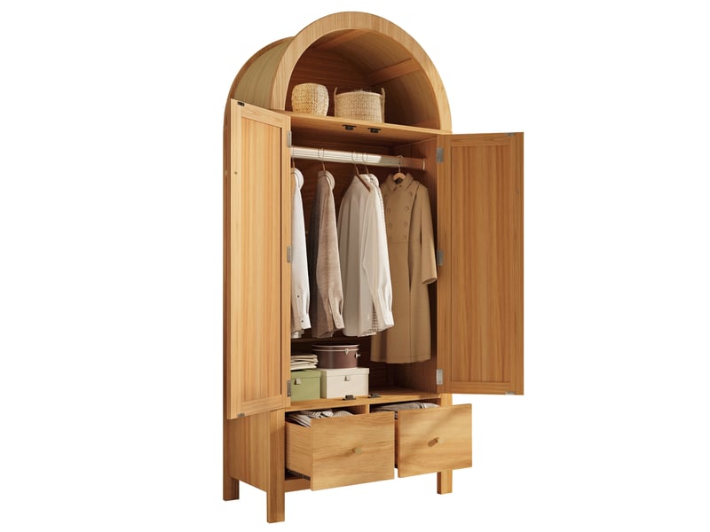  Armoire de chambre 181x78x45 cm avec sommet arqué et cannage rotin, armoire dressing avec 2 portes magnétiques, 2 tiroirs, tringle, finition chêne OPULERANE TRADING LTD - Conforama A