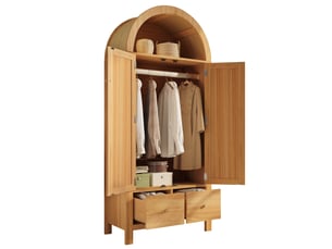 Armoire de chambre 181x78x45 cm avec sommet arqué et cannage rotin, armoire dressing avec 2 portes magnétiques, 2 tiroirs, tringle, finition chêne